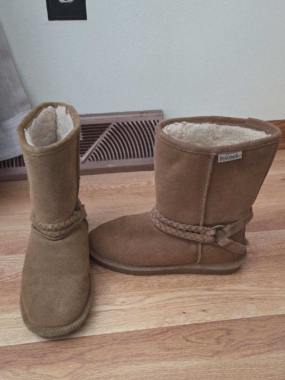 BearPaw Chestnut Suede Shearling Boots with Braided Strap
